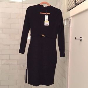 NWT Versace Long Sleeve Knit Belted Black Dress